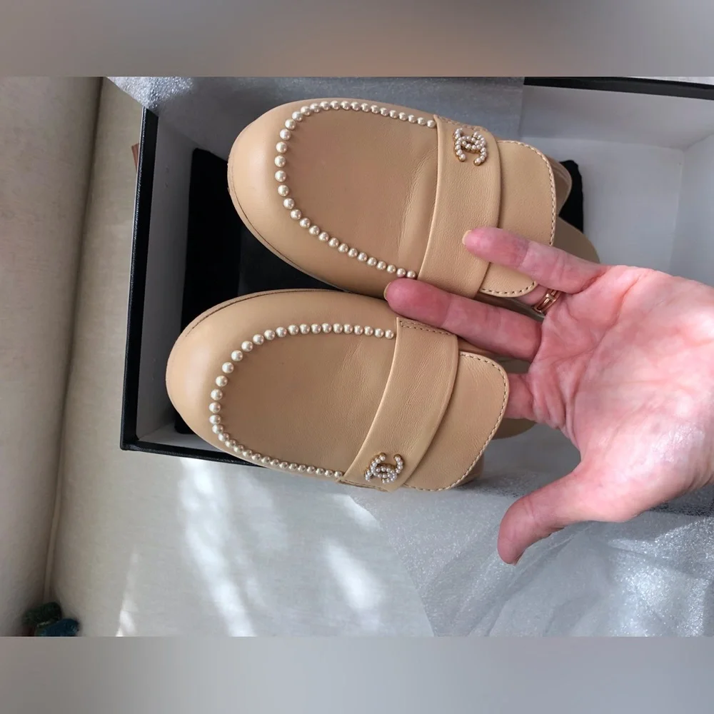 Chanel Beige Leather Pearl-Trim Loafer Mules Size 38